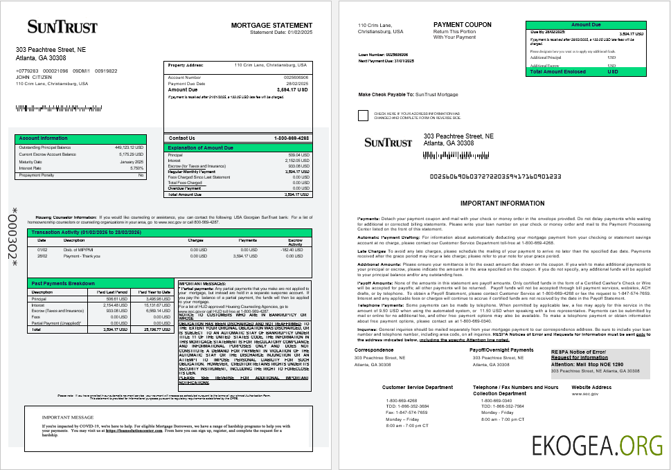 Relevé hypothécaire de la banque SunTrust géorgienne des États , Unis aux formats Word et PDF 1 , 2